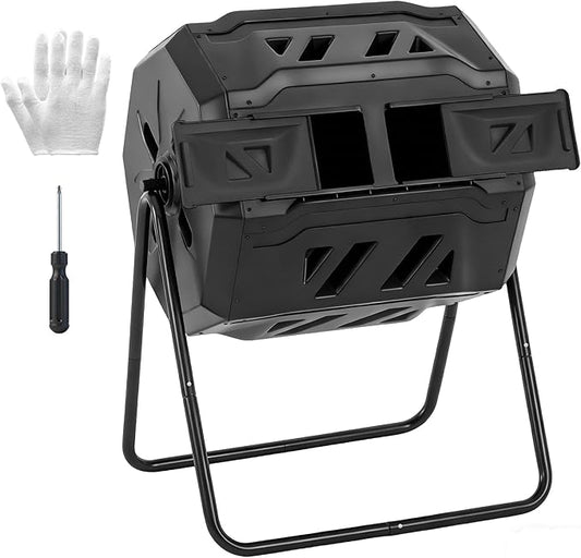 NEWBULIG Compost Bin Outdoor 43 Gallon, Dual Chamber Composter Tumbler Outdoor with Gloves, Efficient 360°Rotating Composting Bin for Patio, Lawn, Home Gardening and Landscape, Black