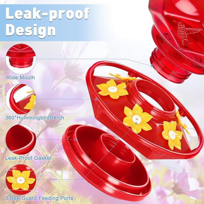 Hummingbird Feeders for Outdoors Hanging Ant and Bee Proof, 18OZ Diamond Humming Bird Feeders for Outside Circular Perch with Leak Proof & 6 Feeding Ports, Gifts for Women, Red 2 Pack Plastic