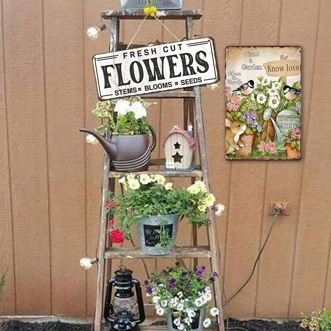 Vintage Metal Tin Signs - Bird & Flower Garden Plaques, Decorative Outdoor 8x12 Inch