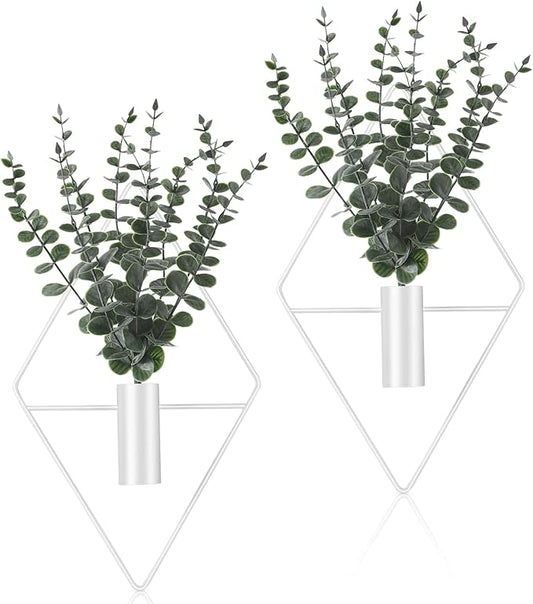 Jexine 8 Pcs Hanging Planters with Artificial Eucalyptus Metal Hanging Vase Indoor Plants Holder Modern Geometric Boho Bathroom Wall Decor for Living Room Home Office (Eucalyptus,White)