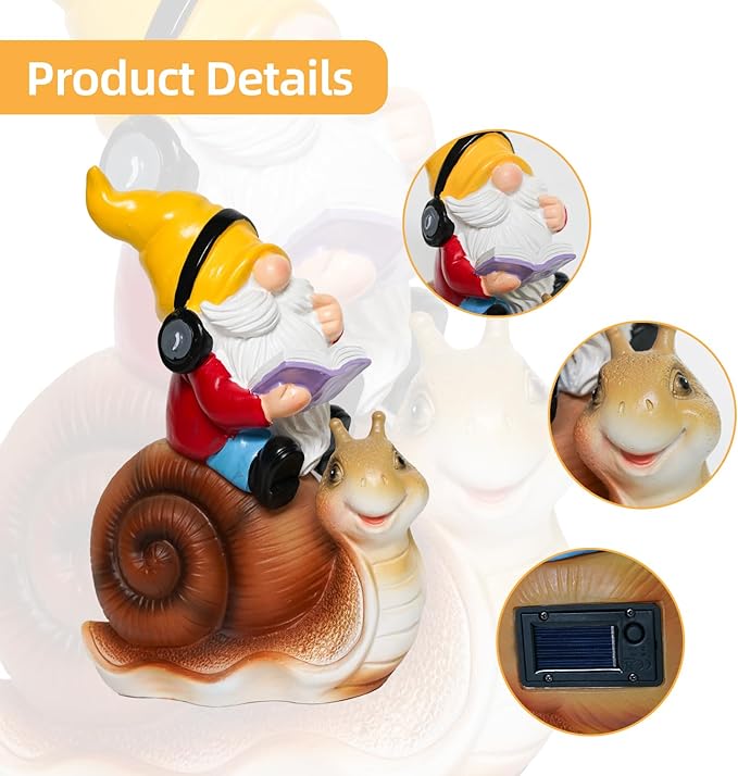 Ferrisland Garden Gnomes Snail Outdoor Figurines with Solar Lights, 10.4 inches Resin Solar Gnomes Decoration Yard Outdoor Garden, Patio Yard Lawn Birthday Housewarming Mother's Day（Gnome on Snail）