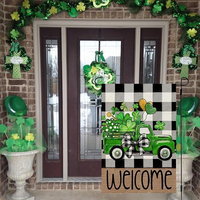 CROWNED BEAUTY St Patricks Day Shamrocks Truck Garden Flag 12x18 Inch Double Sided for Outside Small Burlap Buffalo Plaid Welcome Holiday Yard Decoration