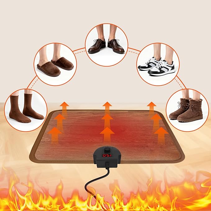 Heated Floor Mat Under Desk for Foot Warmer - Wider 110V Adjustable Temperature Electric Space Heaters Heating Pad - Carbon Crystal & Energy Saving Feet Warmers for Office,Home (Wood Grain)
