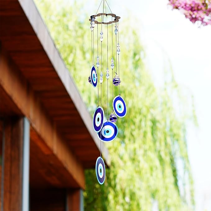 YU FENG Blue Evil Eye Wind Chimes for Outside 19" Hanging Ornament Metal Windchimes Outdoors Garden Decoration
