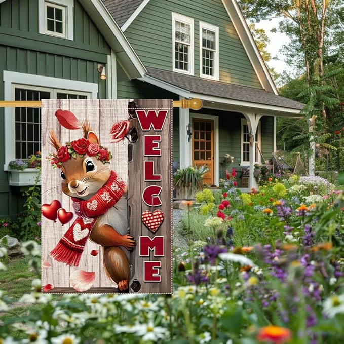 Valentine’s Day Garden Flag 28x40inch Double Sided The Squirrel Red Love Heart Rose Valentine’s Garden Flags For Home Outdoor Yard Patio Lawn Decor,Welcome Valentine Garden Outside Decorations Banner