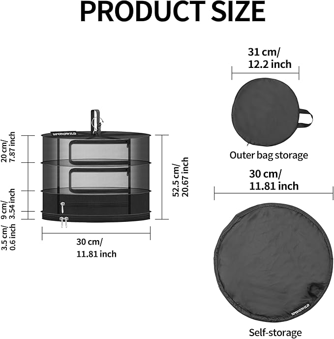 Herb Drying Hanging Mesh Rack - 1ft Diameter (D12xH21 inch) 3 Layer, Foldable Plant Drying Net with U-Shaped Zipper & Storage Pouch for Herbs, Plants, Flowers, Fruits, Food