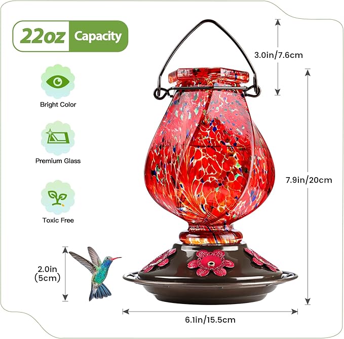 BOLITE Hummingbird Feeder, Hand Blown Glass Hummingbird Feeders for Outdoors Hanging, with Ant Moat and 5 Feeding Ports, 22 Ounces, Red, Birthday Gifts for Women Men, Gifts for Mom Dad