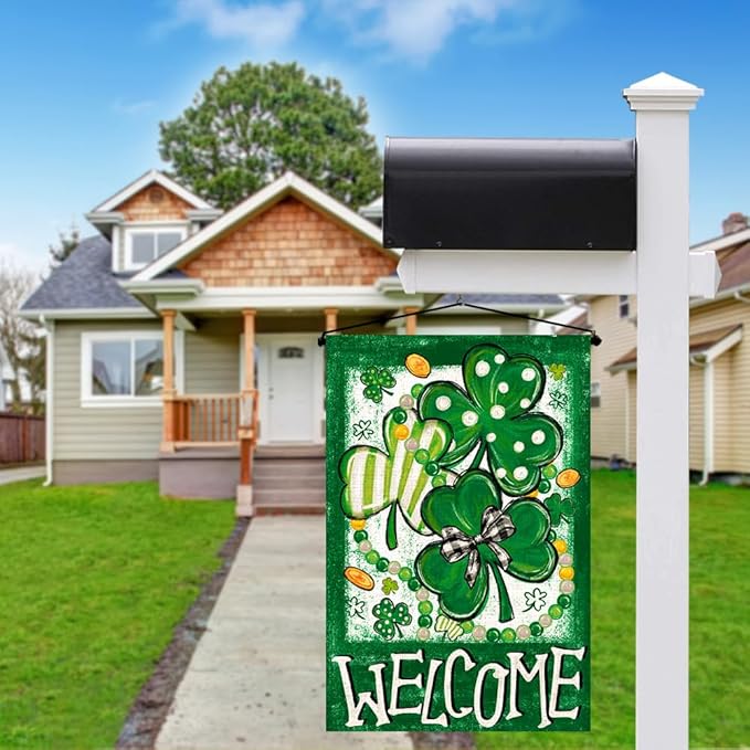 St Patricks Day Shamrock Garden Flag Double Sided, Stripes Polka Dot Trefoil Welcome Burlap Garden Flag for Outside Holiday Farmhouse Yard Decoration 12x18 Inch