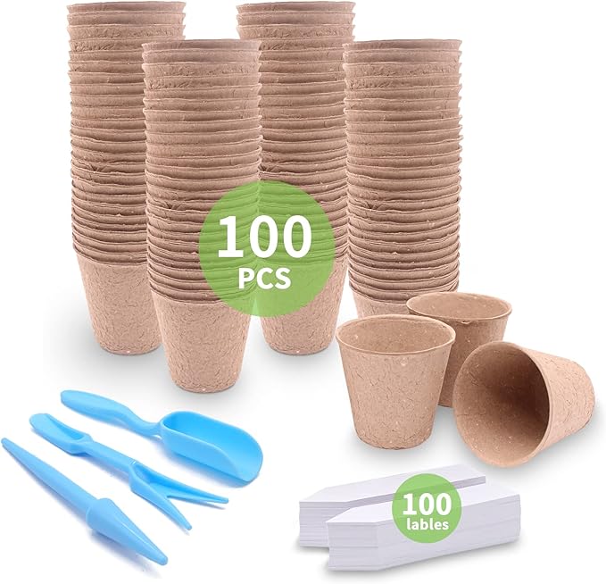 3T GROUP 100 Pack 3.15 Inch Disposable Mini Pots for Plant,Small Compostable Planting Pots,Biodegradable Flower Pots for Vegetables,Fruit with 100 Labels,Tool (100pcs)