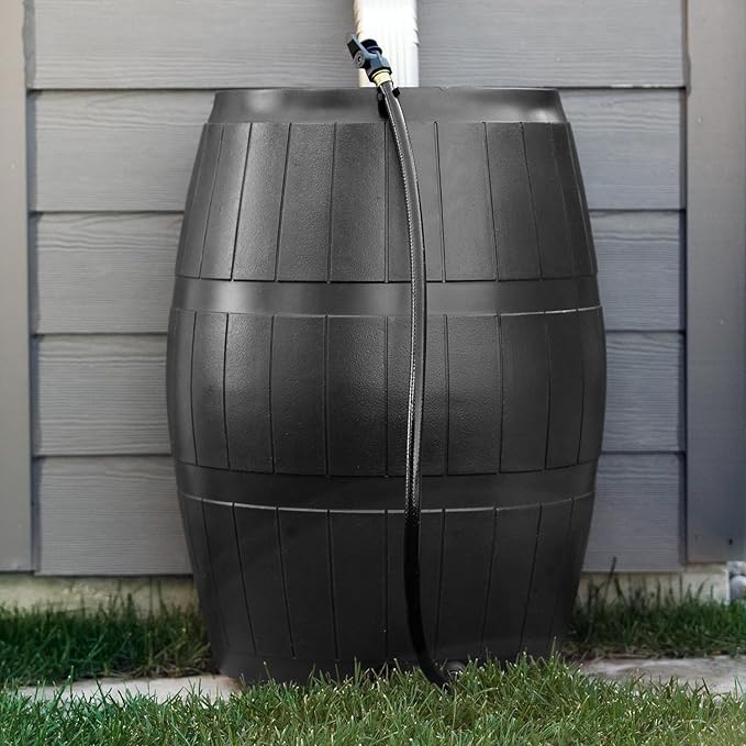 FCMP Outdoor Raincatcher 4000 Rain Barrel, Flat-Back Rainwater Catcher with Spigots, 50 Gallon, Black - Portable Water Storage Container Tank for Home, Garden, and Backyard