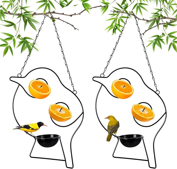 Hushee 2 Pack Oriole Feeder for Outdoors Jelly and Oranges Fruit Metal Bird Feeder Outdoor Garden Metal Hanging Drinking Container Hummingbird Jelly for Outdoor Hanging Garden Patio(Bird Shaped)