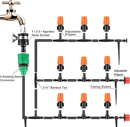 Garden Automatic Irrigation System 164FT 200 Pack Drip Irrigation Kit 1/4" Blank Distribution Tubing Watering Drip Kit Automatic Irrigation Equipment for Garden,Patio,Greenhouse, Flower Bed,Lawn