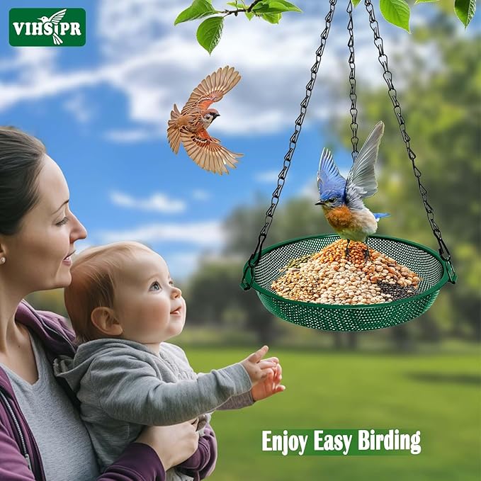 Platform Hanging Bird Feeder for Outdoors – Metal Mesh Seed Tray to Attract Wild Birds, Round 9 in, Green