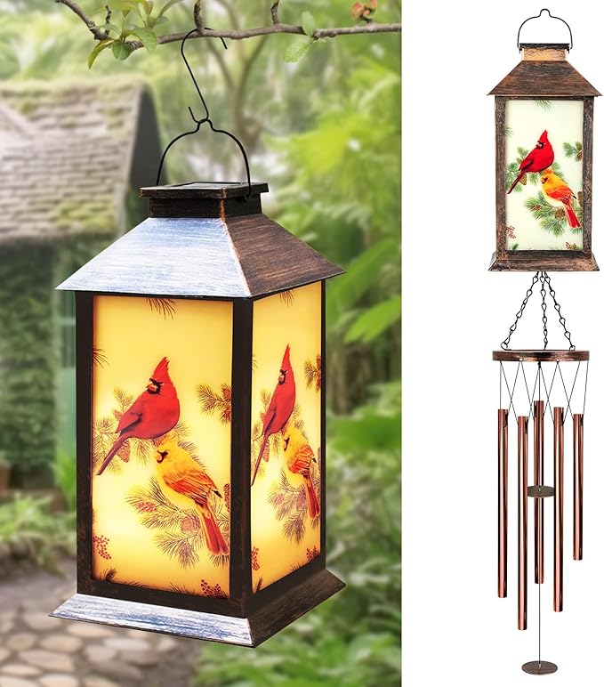 Cardinal Wind Chimes for Outside, 37" Hanging Memorial Solar Wind Chimes for Outside, Solar Lantern Christmas Cardinal Gifts for Women Mom Windchimes Outdoors for Patio Garden Decor Birthday