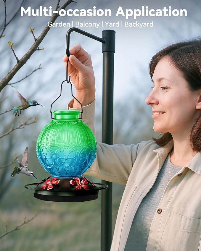 26Oz Hummingbird Feeder for Outdoors, Vintage Glass Bird Feeder with Perch, Durable & Easy to Clean, Hanging Nectar Feeder for Garden, Yard, Deck – Gifts for Women Mom (Green)