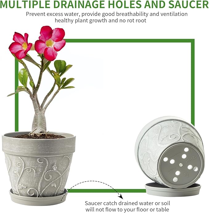 Melphoe Plant Pots Indoor with Drainage & Saucer, 2Pack 7 inch Flower Pots Outdoor Planters for Indoor Plants Garden Home Decor Cactus Succulent, Rigid Plastic (Imitation-Terracotta) Vine-Embossed