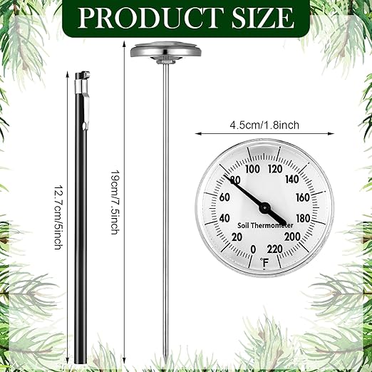 2 Pieces Stainless Steel Soil Thermometer 7.5 Inch Stem 0-220 Degrees Fahrenheit Range Soil Temperature Thermometer for Ground, Compost, Garden