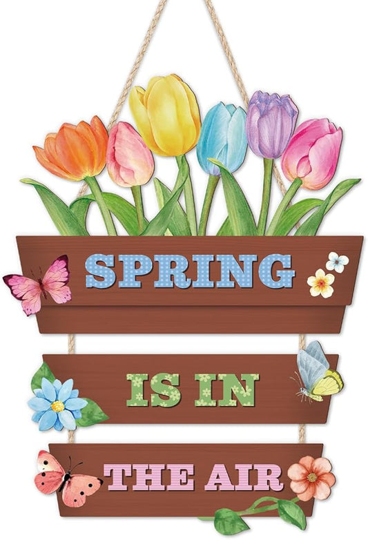 HOURIA Spring Is In The Air Wooden Door Sign(12”x14”),Colorful Tulip Flower Butterfly Spring Wall Hanging Sign,Garden Gifts,Spring Decorations for Home Garden Porch