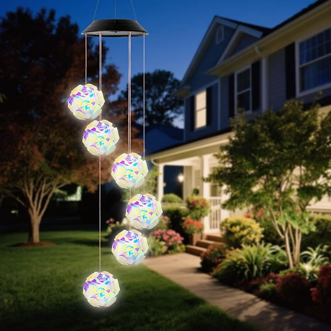 Solar Wind Chimes for Outside,Color Changing Colorful Rose Ball Solar Hanging Lights Outdoor,Waterproof Outdoor Solar Powered Lights for Garden Patio Yard Home,Gifts for Mom