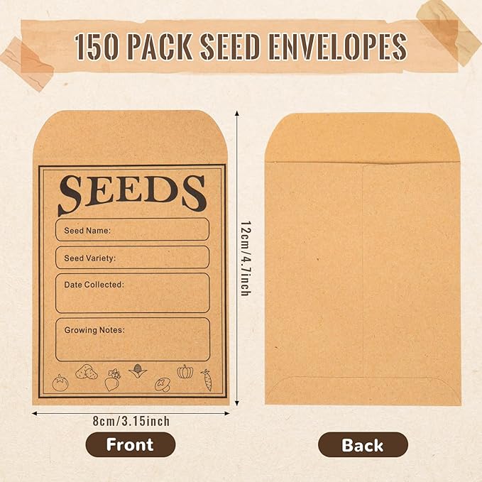 150pcs Seed Saving Envelopes, 4.7x3.1 Inch Reusable Seed Kraft Storage Organizer Packets Envelopes Printed with Types Name Template for Flower Vegetable Plants Garden Seeds Saving & Collecting