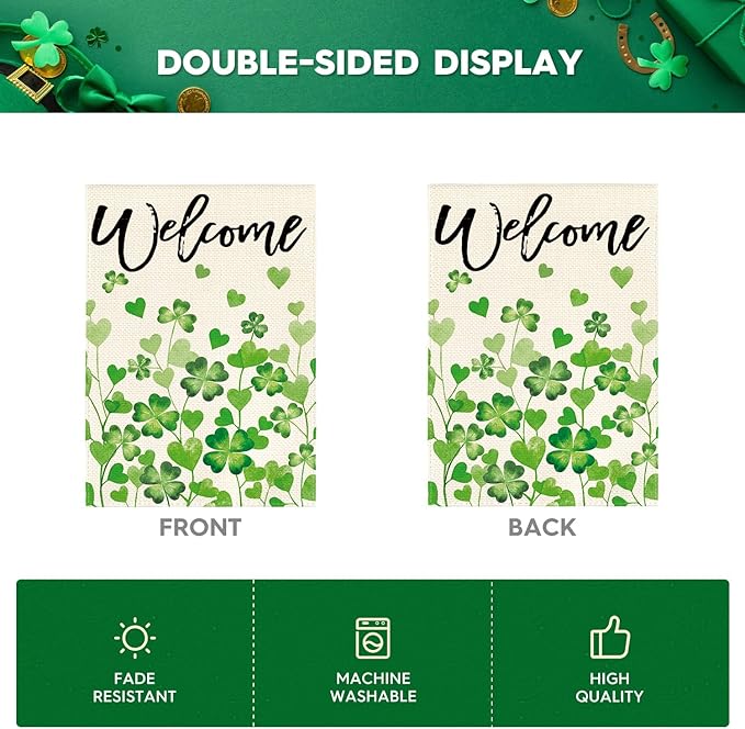 AVOIN colorlife St Patricks Day Welcome House Flag 28x40 Inch Double Sided Outside, Shamrocks Clovers Floral Yard Outdoor Decoration