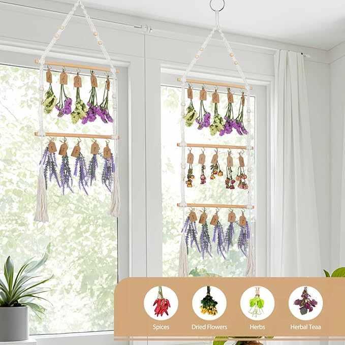 2-Tier Hanging Herb Drying Rack – Includes 30 Brown Gift Tags & 32ft Natural Jute Twine – Handwoven Boho Style Plant Hanger for Drying Herbs, Flowers, Sage – 37" Tall, Home Décor & Gift Idea