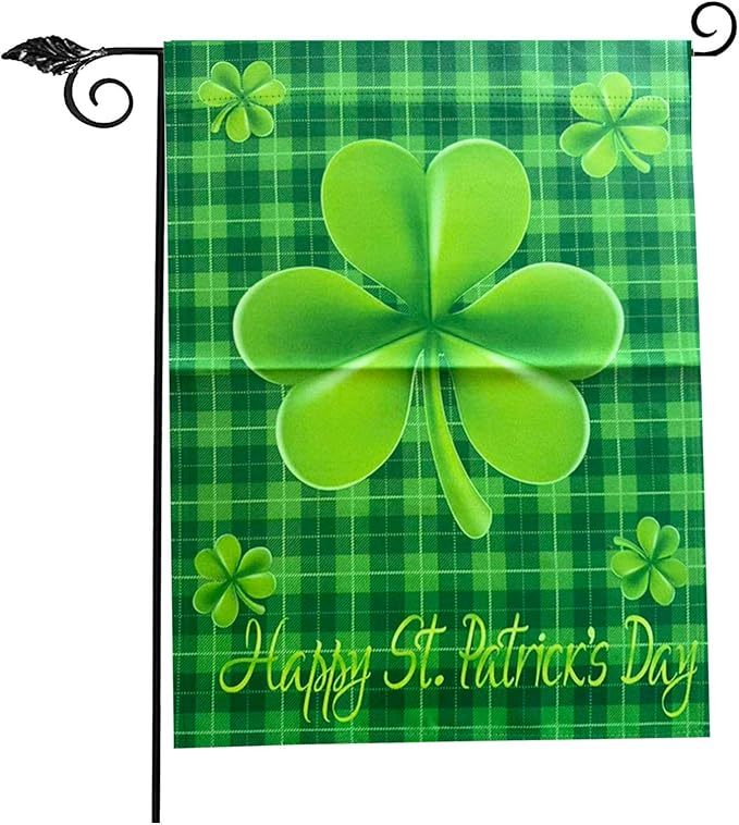 Happy St Patricks Day Shamrock Garden Flags 12x18- Patricks Yard Flag Double Sided Buffalo Check Plaid Small Green Banners for Holiday Outside Lawn Decoration