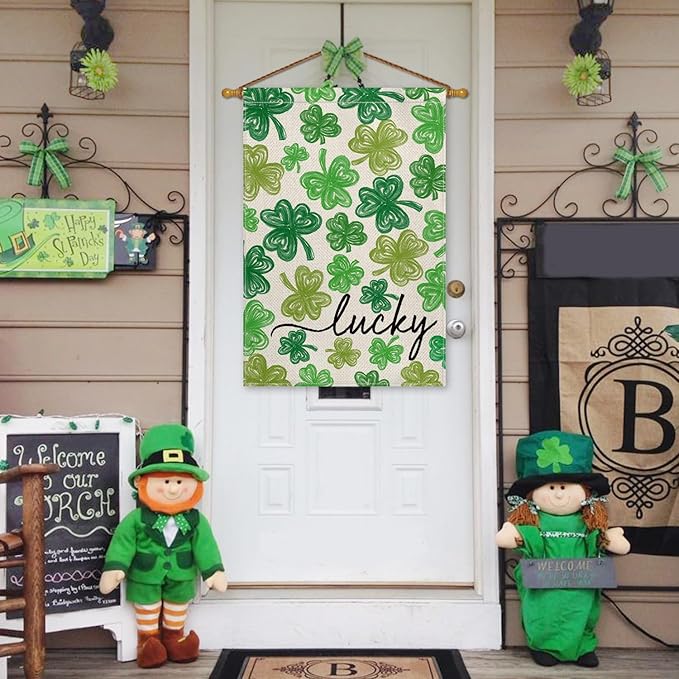 AVOIN colorlife St Patricks Day House Flag 28x40 Inch Double Sided Outside, Shamrock Lucky Clover Holiday Yard Outdoor Flag