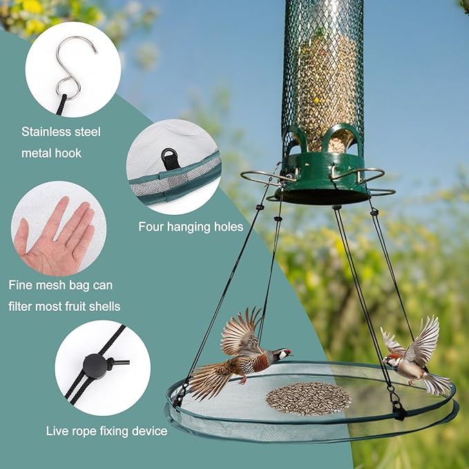2pcs Bird Feeders for Outdoors, 16 Inch Bird Feeder Tray Large with 8 Hanging Ropes Hanging Mesh Seed Tray Platform for Yard Garden Backyard (Green)
