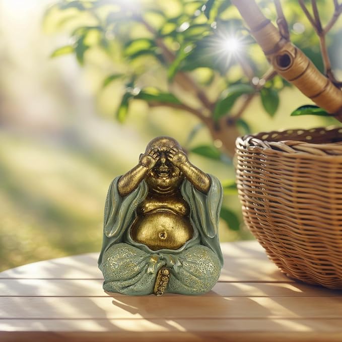 Laughing Buddha Statue - Gold Small Buddha Statues with Three Color Clothes for Home Decor (No See, No Speak, No Hear) - House Decor, Meditation & Feng Shui Gift (5.5 * 4.7 * 6.7")(Green)