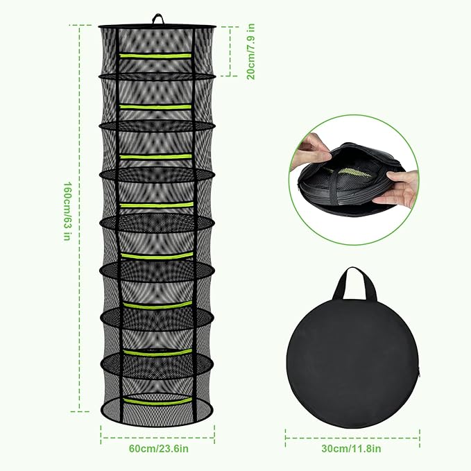 Herb Drying Rack Hanging-8 Layer, Collapsible Large Capacity Mesh Net with Green Zipper, Hooks & Bonus Garden Scissors, for Fresh Herbs/Flowers/Plants, Indoor Outdoor Use (23.62")