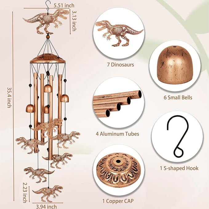 Dinosaur Wind Chimes for Outside, Metal Windchimes Outdoors, Dinosaur Gifts for Women/Men, Memorial/Birthday Gifts, Garden Decor for Outside, Patio or Yard, Durable Chimes for Outdoors