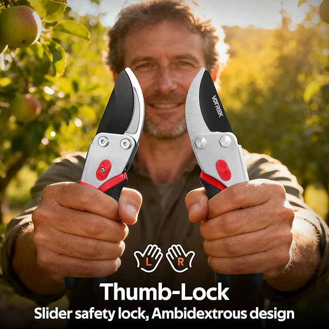VOTREK® 8.5” Pruning Shears, Professional Garden Pruner with Jam-Proof Spring & Ever-Sharp SK5 Blade, Ergonomic Bypass Clippers for Rose, Tree Trimming, Heavy Duty Bonsai Scissor for Weak Hand