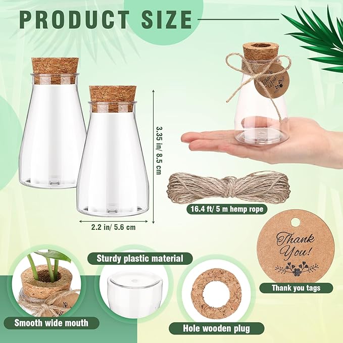 Baderke 12 Pack 3.35'' Plastic Plant Propagation Stations with Hole Lid Planter Vase Clear Propagation Jars with Thank You Tags for Plant Lover Gifts for Women Office Home Garden