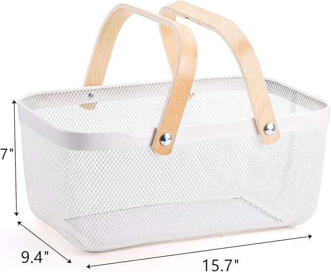 ZEAYEA Mesh Storage Basket with Handle, Garden Harvest Basket, Mesh Fruit Basket Bin for Gathering Vegetables, Multi-functional Metal Wire Basket for Kitchen Garden Picnic Cabinet, White