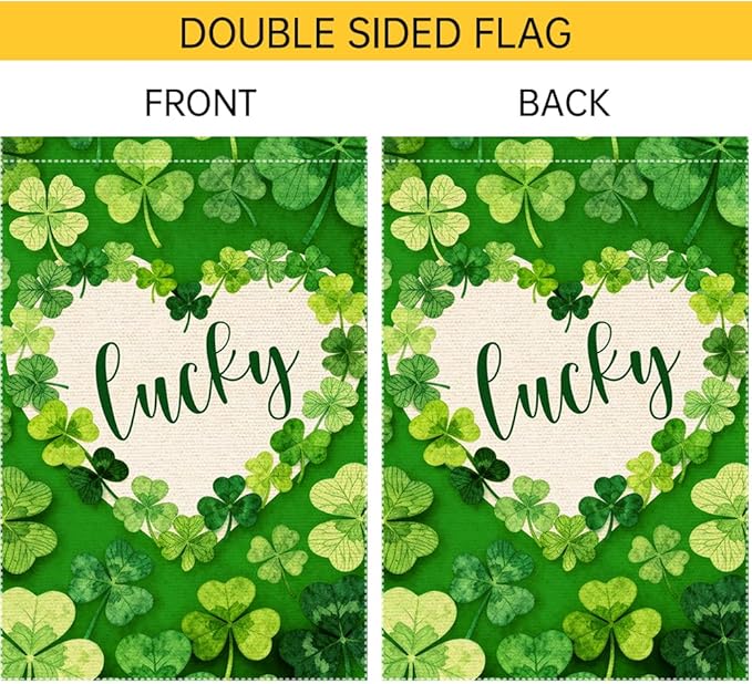 St Patrick's Day Garden Flag 12x18 Inch Double Sided Burlap Lucky Shamrock Heart Green Clover Pattern Holiday Yard Patio Irish Festival Outside Decorations