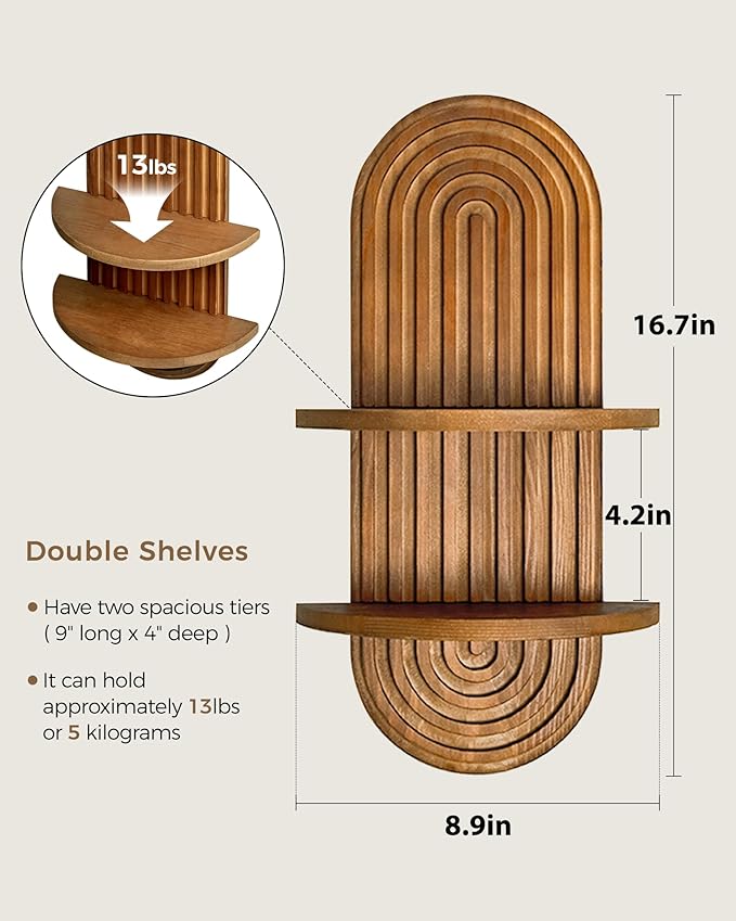 Bamworld Boho Wall Decor 2pcs Plant Wall Shelf, Mid Century Modern Decor Hanging Plant Shelf, 2-Tier Wooden Floating Shelves for Home, Bathroom Bedroom Living Room Holding Planter Decoration Natural