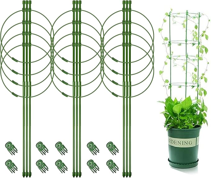 Legigo 3 Packs Plant Support Cages Tomato Cage for Garden- 36 Inch Adjustable Garden Cucumber Trellis Plant Stakes, Trellis Support Rings for Climbing Plants, Pots, Indoor Plants with 10 Plant Clips
