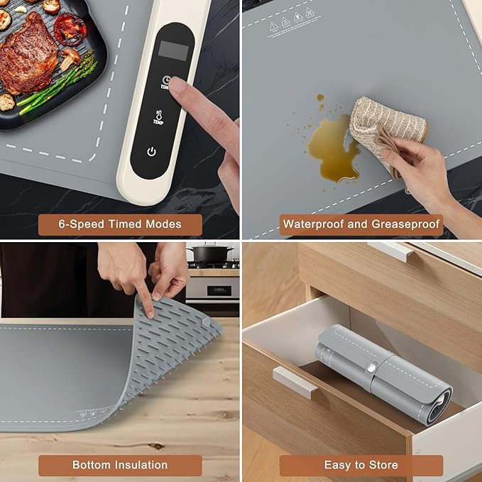FYY Warming Mat for Food - Rapid and Full Surface Heating, 6 Temp Settings, 6H Timer, Rollable Portable Food Warming Mat, Ideal for Gatherings, Parties, Keep Meal Warm (X Large Size, Gray)