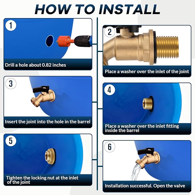 Rain Barrel Spigot Kit 3/4" GHT Lead-Free Brass Water Barrel Spigot,Leakproof Garden Hose Connector Bulkhead Fitting with Drain Valve for Buckets and Rain Barrels DIY Kit