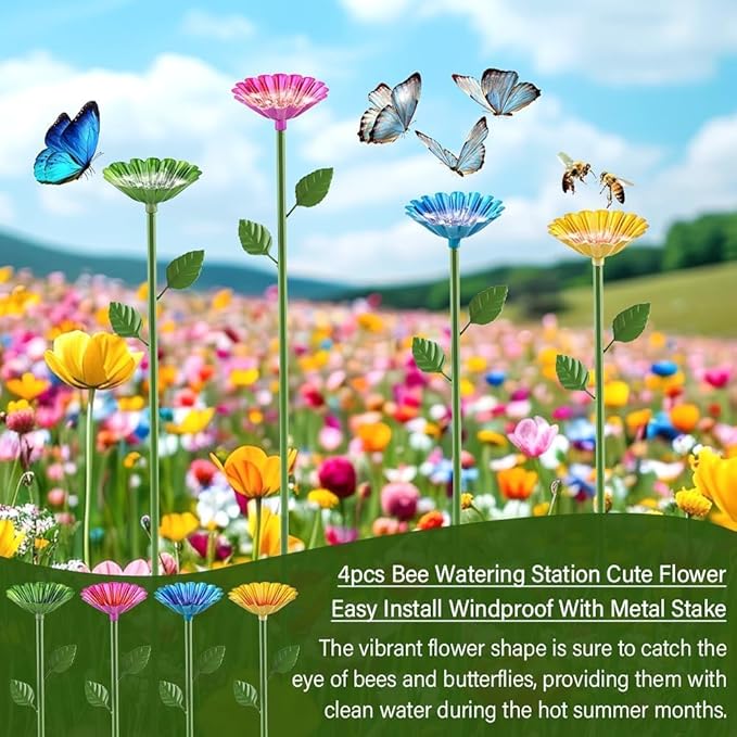 Bee Baths for Garden Water Feeder with Flower Design Butterfly Bath Bowl Pollinator Watering Station for Bees Butterflies Outdoor Courtyard Decor (4 PCS)