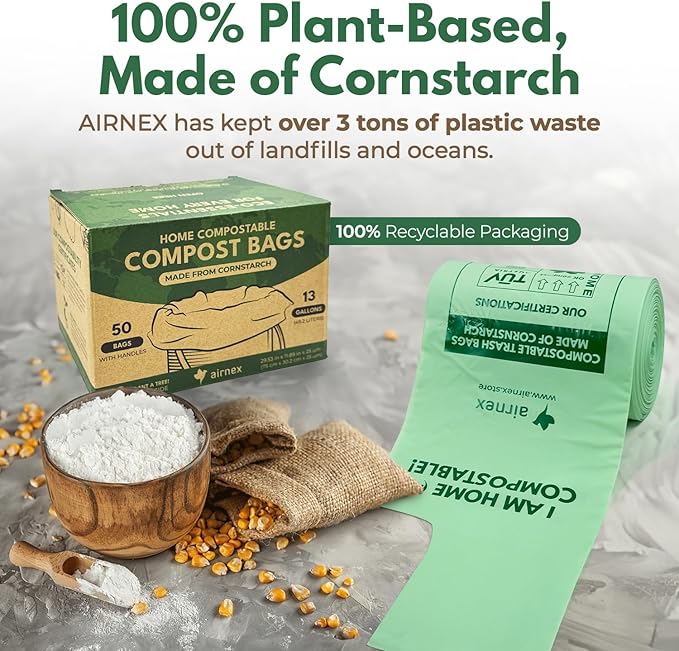 Compostable Kitchen Trash Bags 13 Gal - Cornstrarch Leakproof & Tear Resistant 100 Compost Bags - OK Compost Home & Seedling Certified 0.25 mm Kitchen Garbage Bags