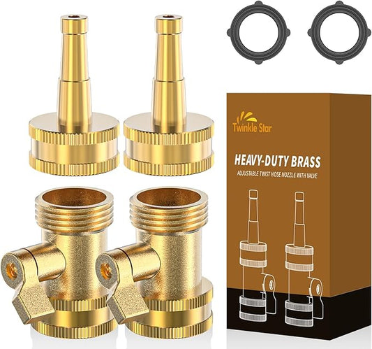 Twinkle Star Brass Hose Nozzle 4 Pack, Jet Nozzle High Pressure Hose Nozzle with Leakproof Shut off Valve, Upgraded Valve Handle, 3/4” GHT Nozzles for Garden Hose, Car Wash, Extra 2 Rubber Washers