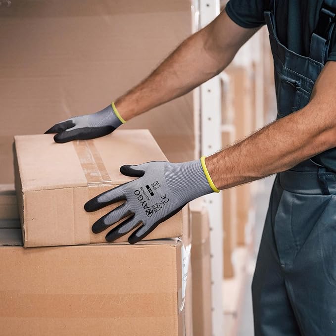 KAYGO Work Gloves for Men and Women,60 Pairs Seamless Knit PU Coated Safety Gloves, with Smooth Grip on Palm and Fingers, Ideal for Light Warehouse, Manufacturing, Gardening, KG11P (M,Gray)