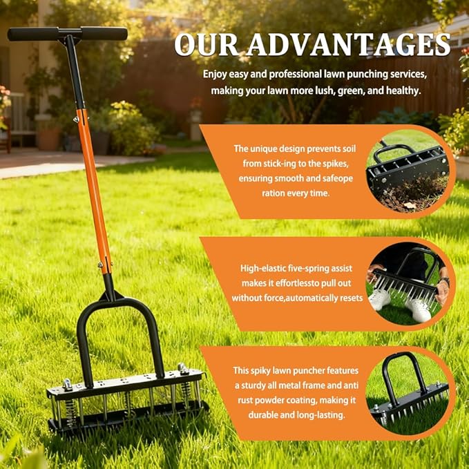 Lawn Aerator Tool – Grass & Yard Aerator, 4 Adjustable Height Settings, Metal Construction with Ergonomic Handle and Spring-Assisted Design for Effortless Yard Care.