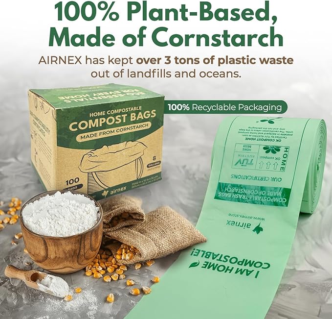 Compostable Kitchen Trash Bags 8 Gal - Cornstrarch Leakproof & Tear Resistant 100 Compost Bags - OK Compost Home & Seedling Certified 0.22 mm Kitchen Garbage Bags