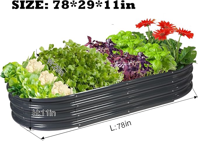 Raised Garden Bed GRS Certified Galvanized Planter Box Outdoor, 6.5ft Oval Rot-Resistant Metal Garden Bed Planter, Recycled Eco-Friendly Material Planter for Vegetables Flowers Herbs (Grey)
