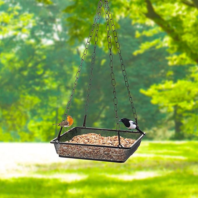2 Pieces Metal Hanging Bird Feeder Tray, Mesh Bird Feeding Seed Tray Platform with Chains Outdoor Garden Decoration for Hanging Wild Backyard(Black)