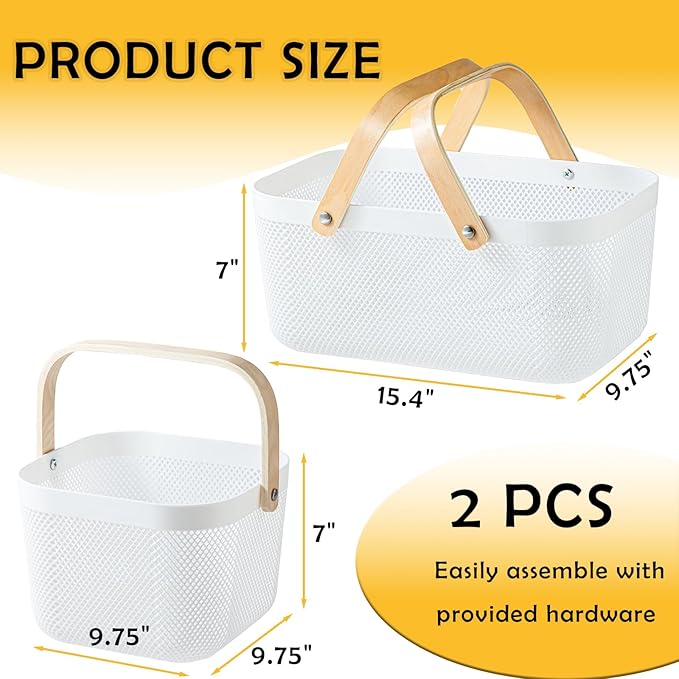 2 Pack Plastic Mesh Garden Harvest Basket, Plastic Picnic Baskets with Foldable Wooden Handle, Rectangle Fruit Vegetable Storage Organizer Bins for Gathering, Kitchen, Pantry, White