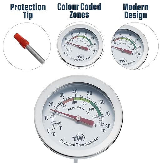 Compost Thermometer Stainless Steel Dial - Ideal Composting Soil Thermometer with 50MM Diameter C and F Dial and 295MM Compost Temperature Gauge Probe